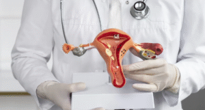 doctor con modelo anatomico de sistema reproductor femenino